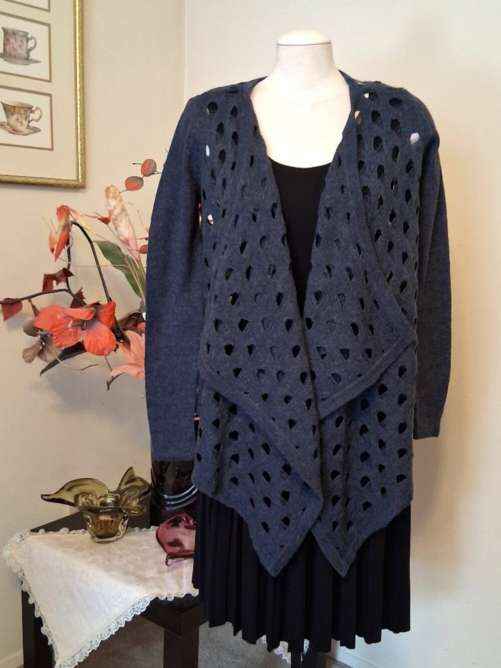 NWOT mac & jac Quality Wool Blend Knit Cardigan Sweater Coat Chic Women M Blue